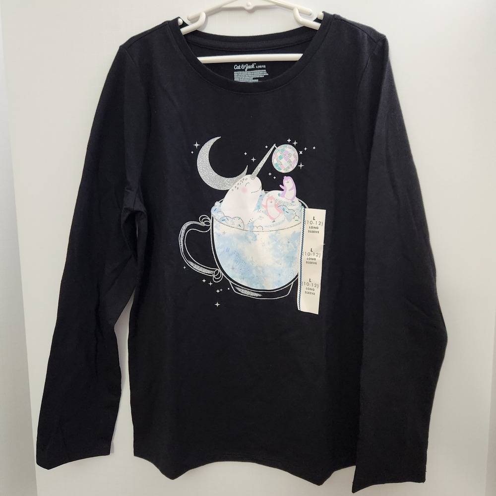 Cat & Jack Girl's Long Sleeve Disco Narwhal Penguins Graphic Size L (10/12) NWT